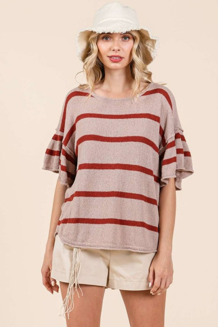 Mittoshop Striped Flounce Sleeve Knit Top In Mocha