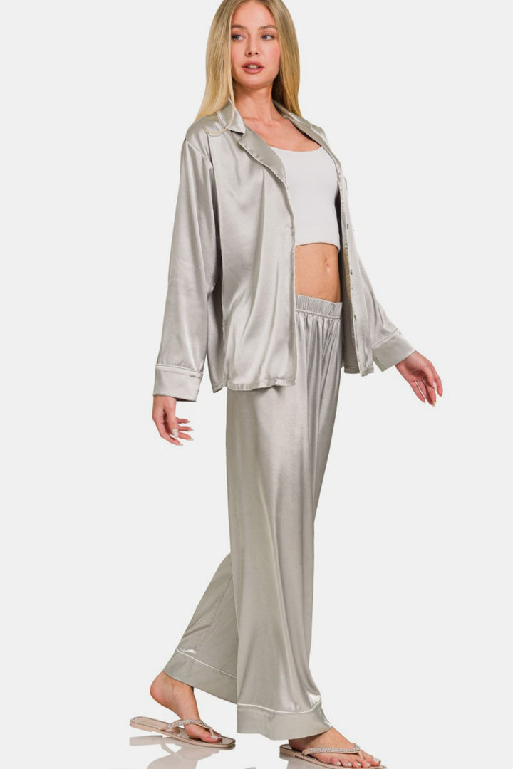 Zenana Satin Shirt and Pants Pajama Set In Silver