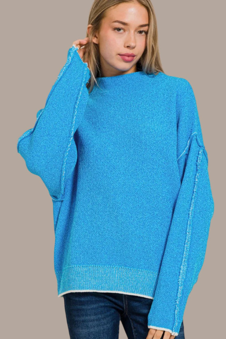 Zenana Exposed Seam Mock Neck Sweater In Deep Sky