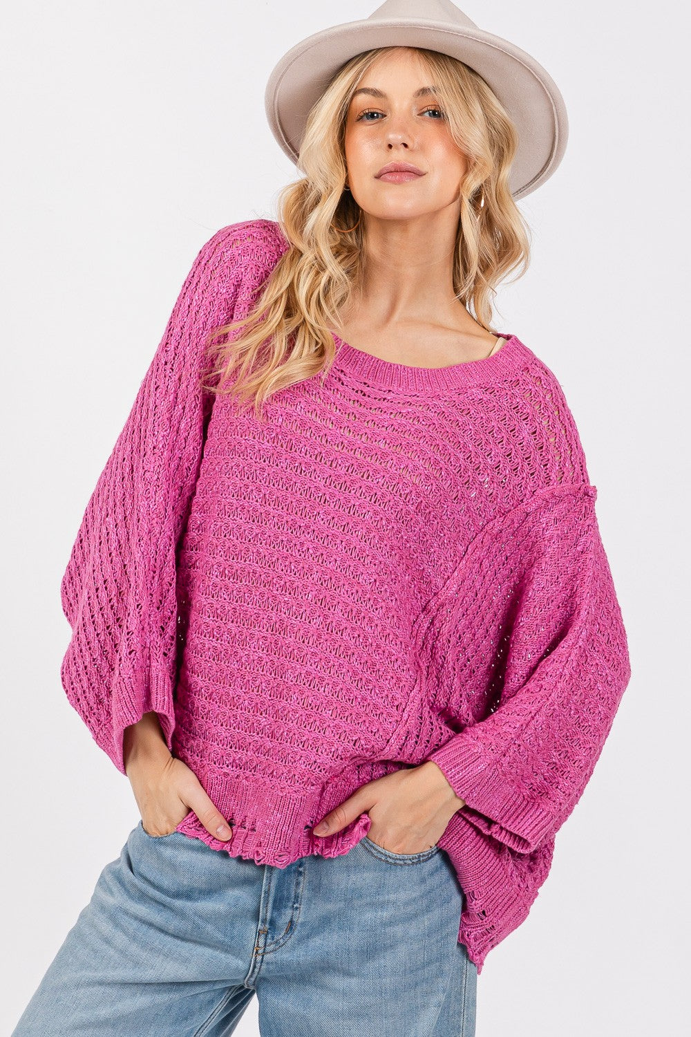 SAGE + FIG Distressed Asymmetrical Open Stitch Sweater In Magenta