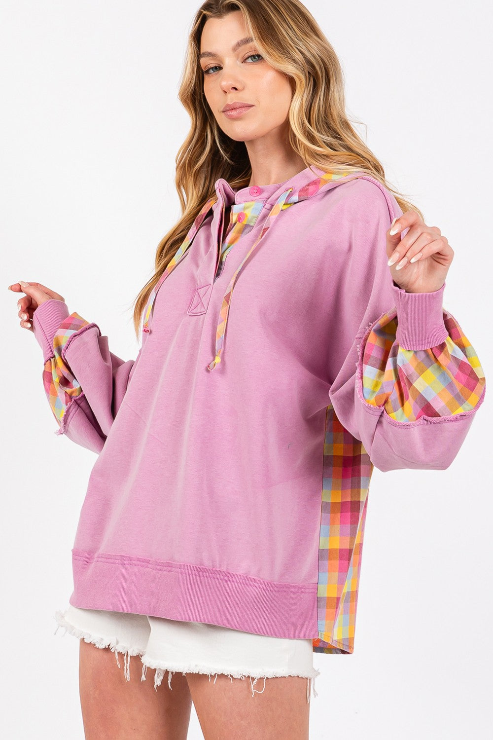 SAGE + FIG Plaid Print Washed Hoodie In Lilac