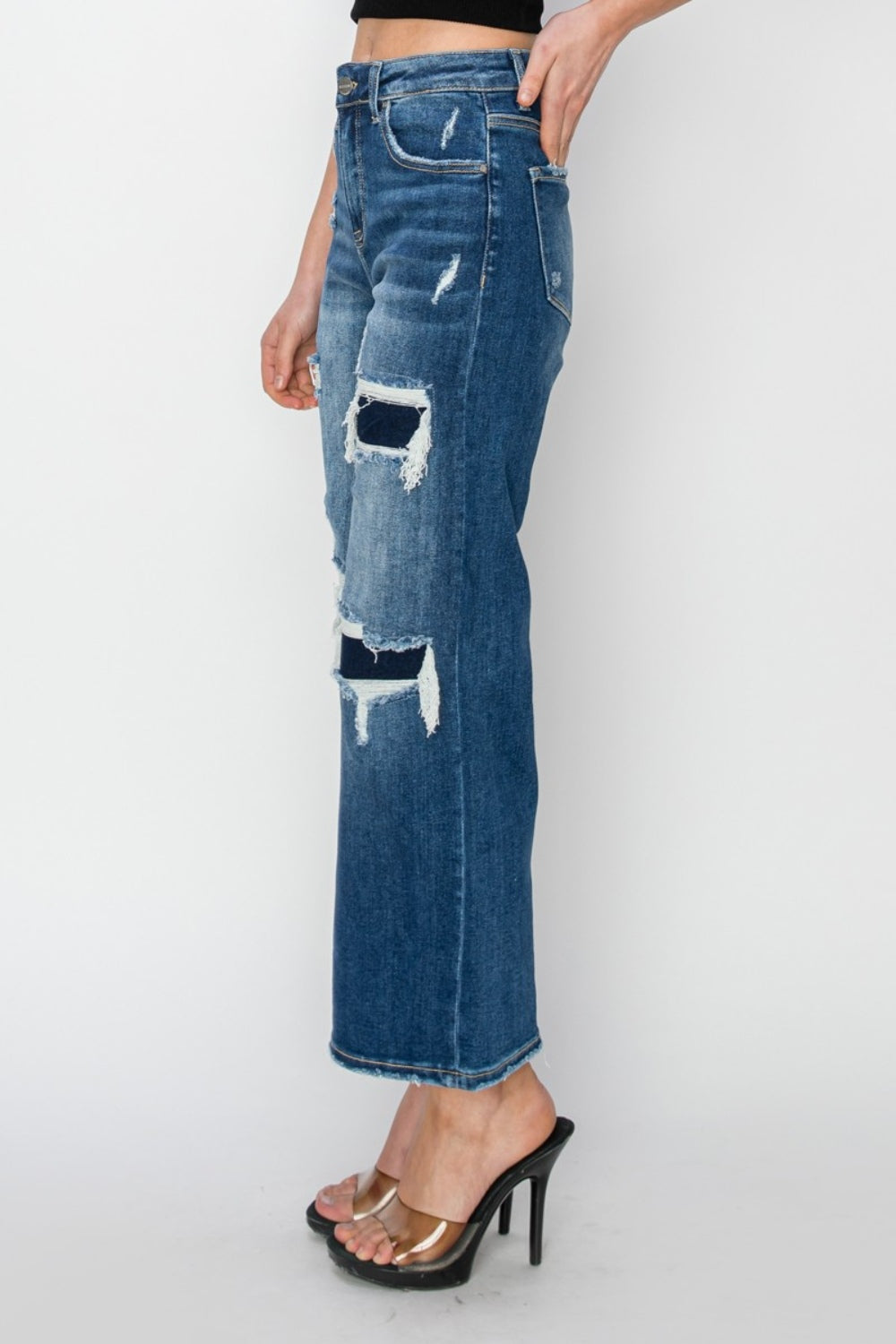 Risen Prime High Rise Patch Detailed Wide Leg Crop Jeans