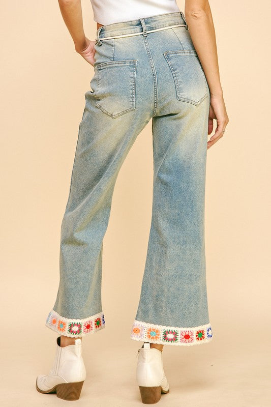 Davi & Dani Crochet Trim Flare Jeans In Light