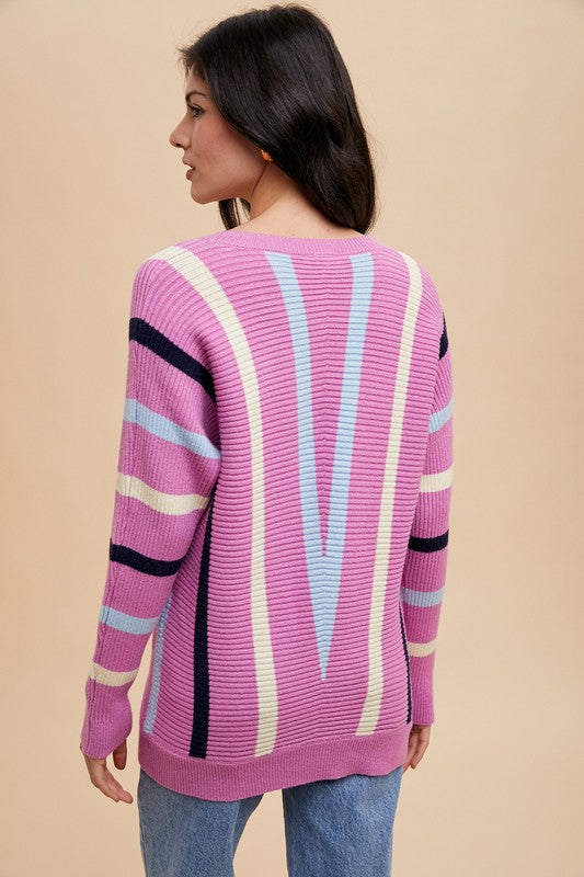 Annie Wear Chevron Stripe Ribbed Sweater In Orchid