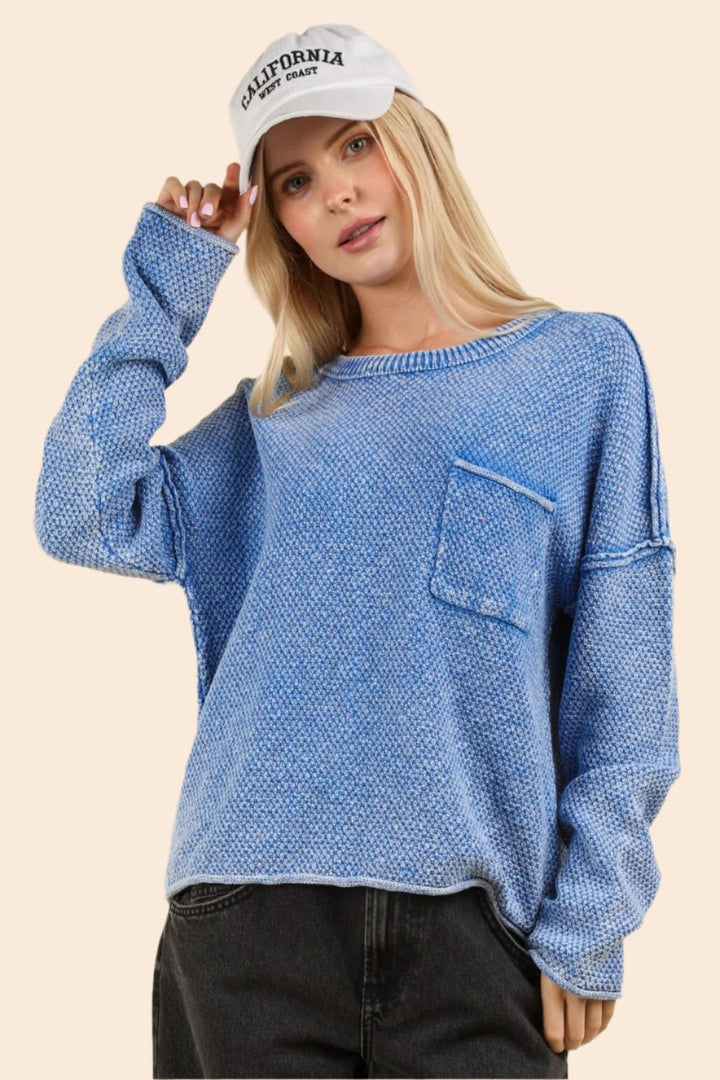 VERY J Mineral Washed Exposed Seam Sweater In Blue