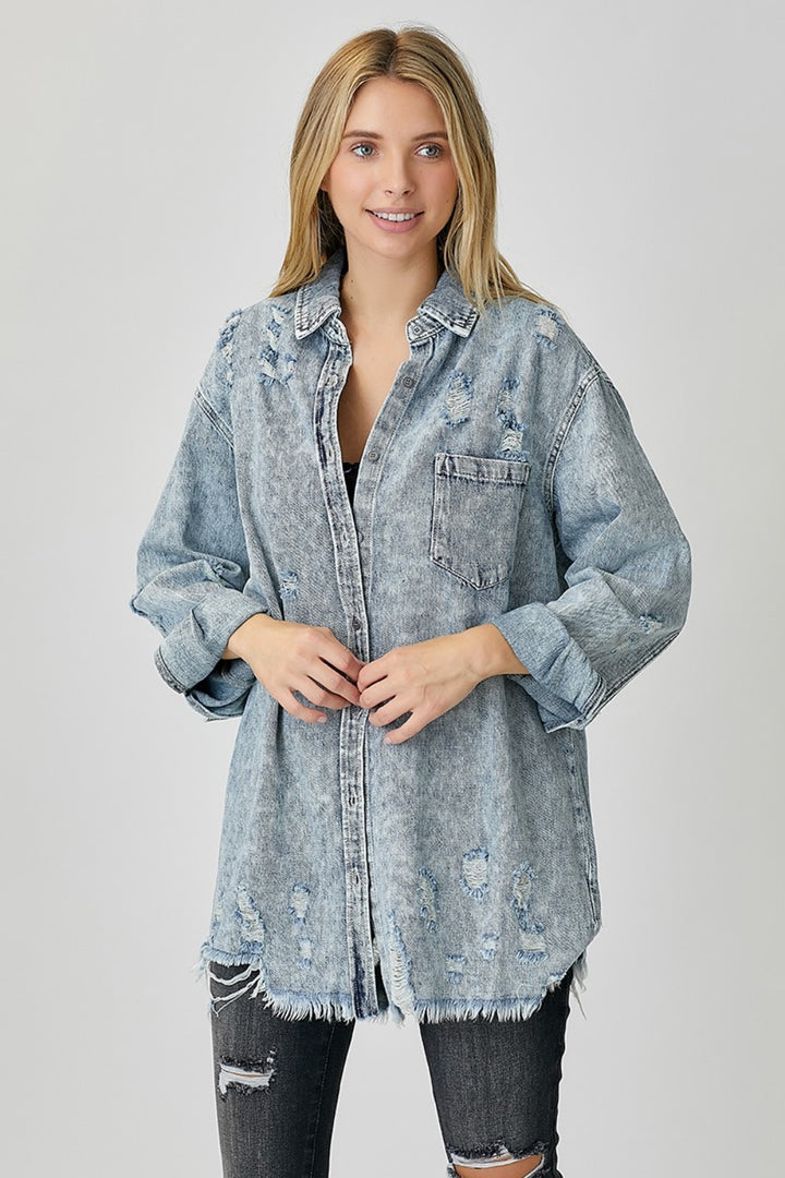 Katie Distressed Raw Hem Denim Shirt