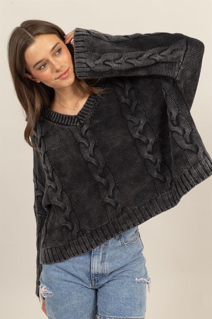 HYFVE Cable Knit V-Neck Dropped Shoulder Oversized Sweater In Charcoal