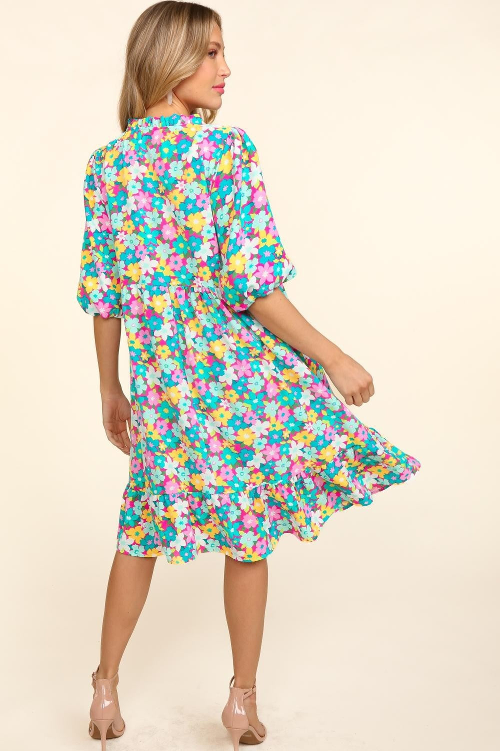 Sea Bubble Sleeve Floral Ruffled Dress