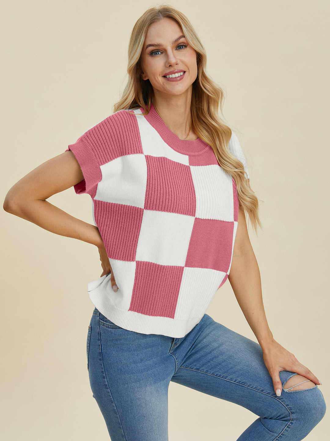 Double Take Checkered Short Sleeve Sweater