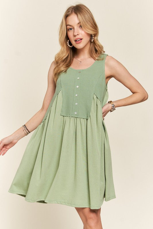 ADORA Decorative Button Sleeveless Babydoll Dress In Sage