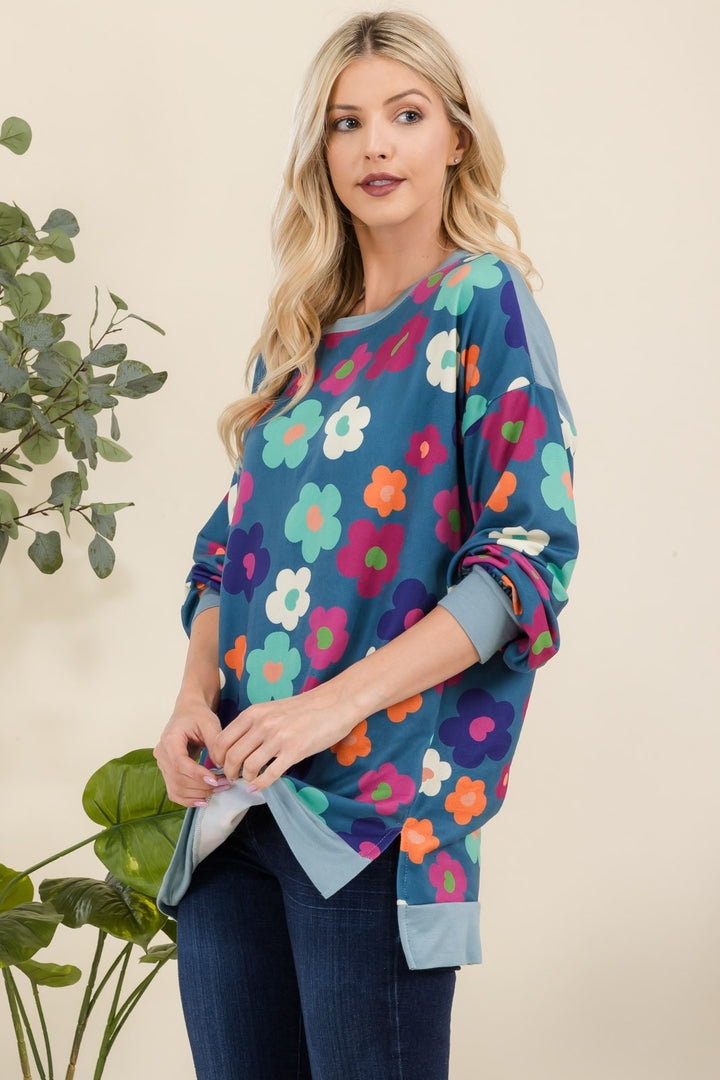 Celeste Side Slit Flower Print Top In Teal