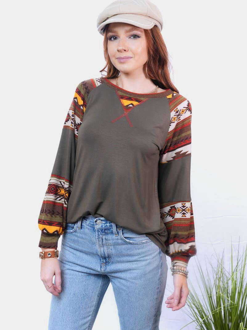 Geometric Round Neck Top In Olive