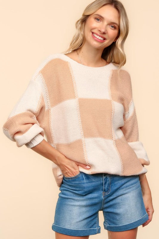 Haptics Checkered Drop Shoulder Sweater In Apricot