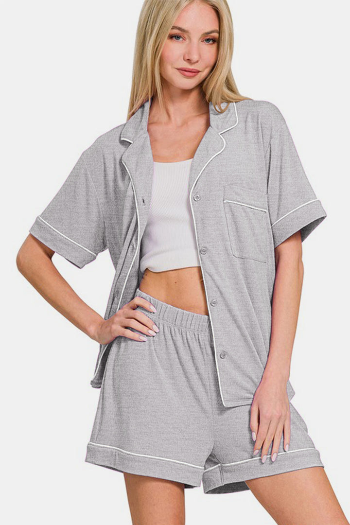 Zenana Button Down Top and Shorts Lounge Set In Light Gray