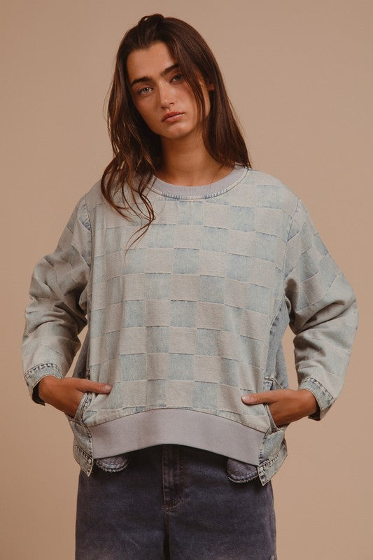 BiBi Mineral Washed Checkered Denim Top