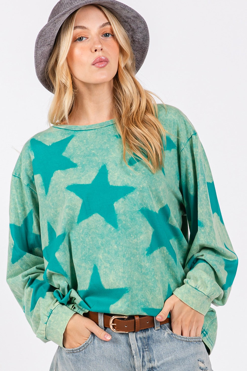 SAGE + FIG Mineral Wash Star Pattern Top In Turquoise