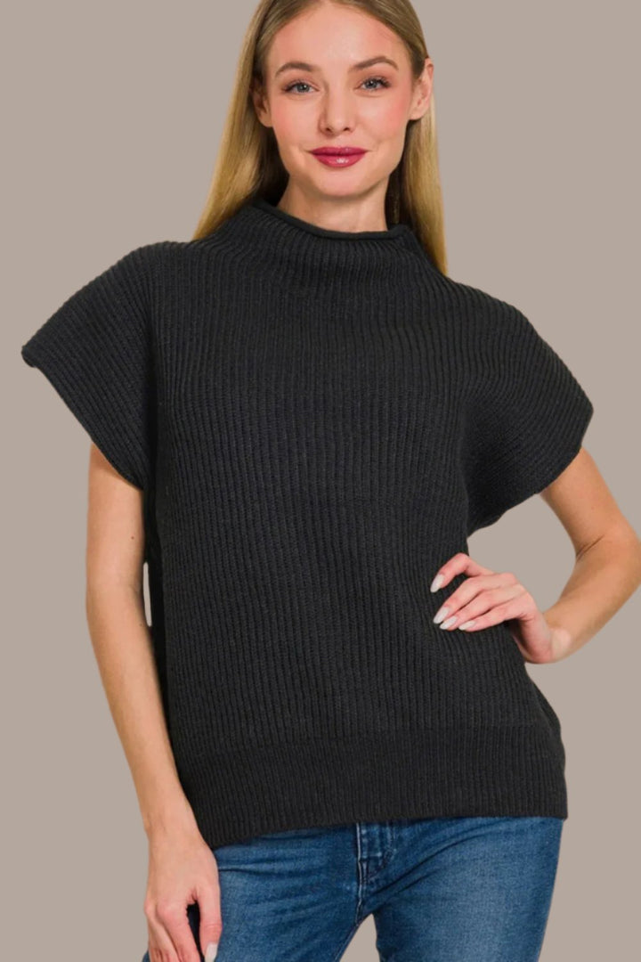 Zenana Short Sleeve Mock Neck Sweater In Black