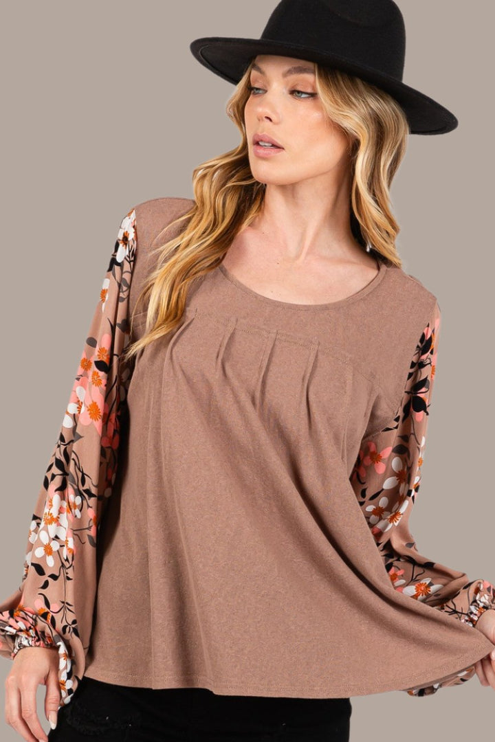 SAGE + FIG Floral Long Sleeve Front Pleated Detail Top In Brown