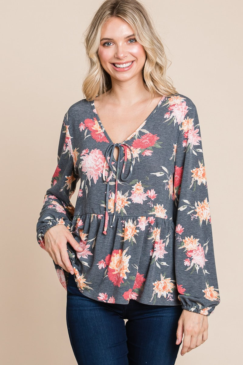 Super Lady Babydoll Floral Long Sleeve Blouse