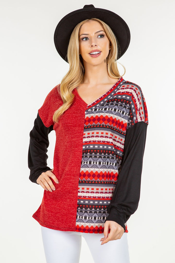 Celeste Geometric V-Neck Blouse In Red