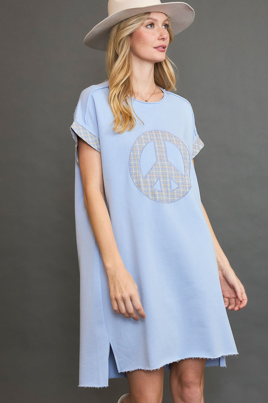 Umgee Peace Plaid Applique Mini Dress In Light Blue