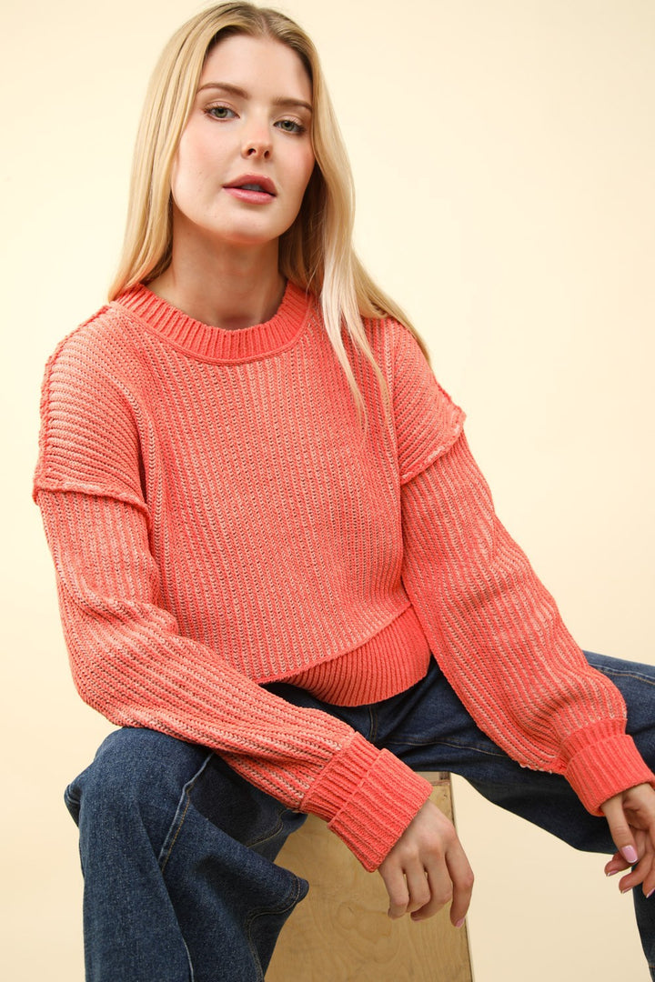 VERY J Exposed Seam Cropped Striped Slit Sweater In Coral