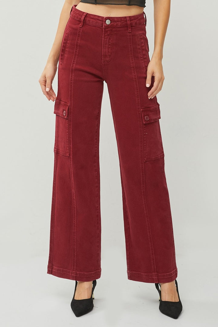 RISEN High Rise Wide Leg Cargo Jeans In Wine