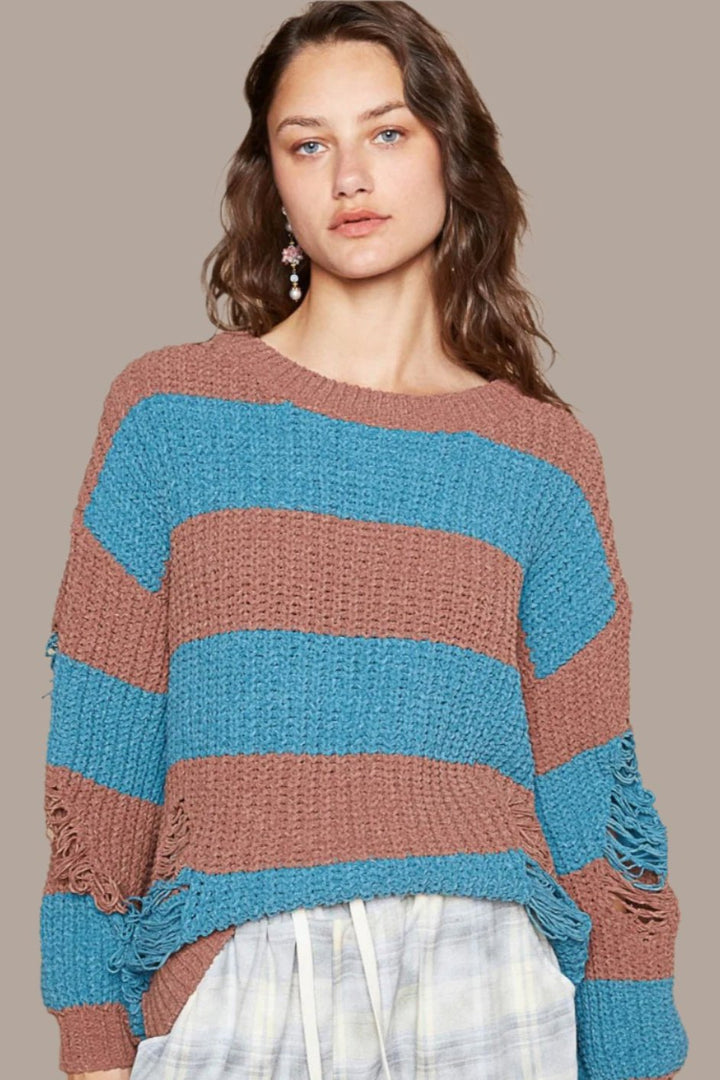 POL Striped Distressed Long Sleeve Sweater In Teal