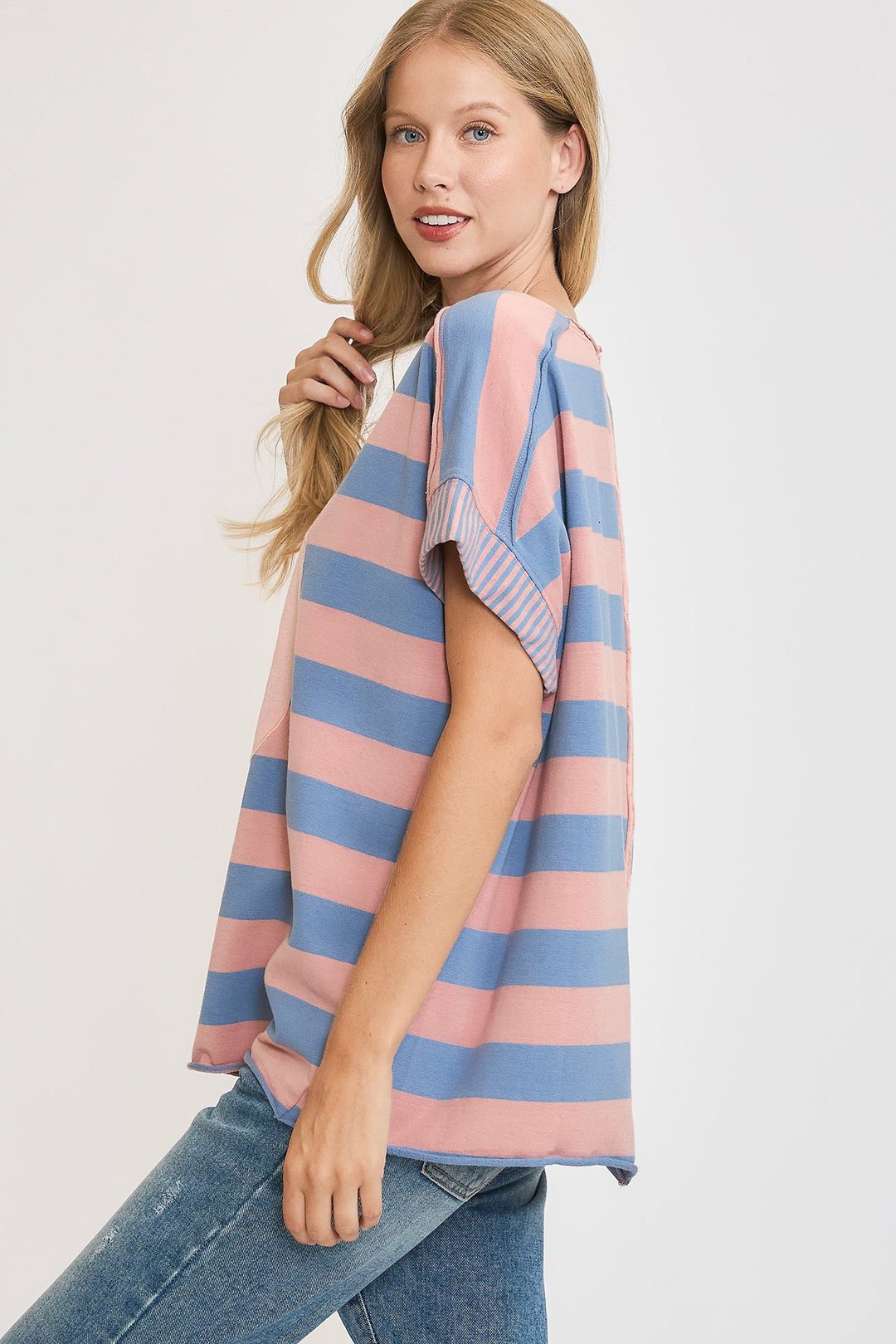 Umgee Peace Sign Patch Striped Top In Dusty Blue