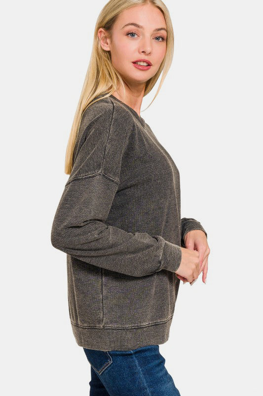 Zenana Washed Dropped Shoulder Sweatshirt In Black