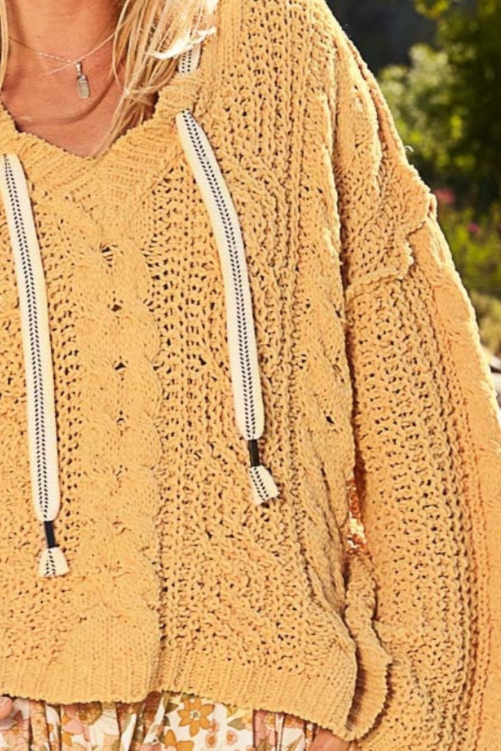 POL Cable Knit Hooded Chenille Sweater In Honey Gold