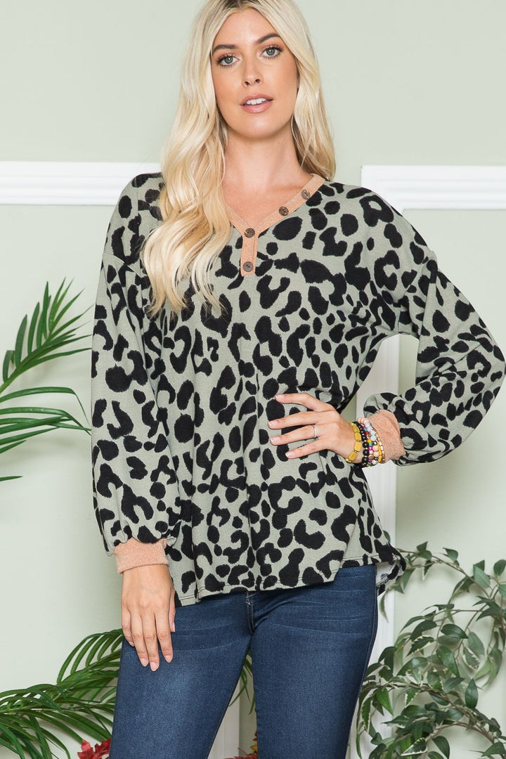 Leopard V-Neck Blouse In Olive