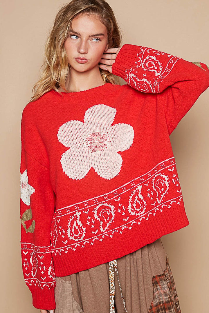 POL Flower Lace Patch Long Sleeve Sweater In Red