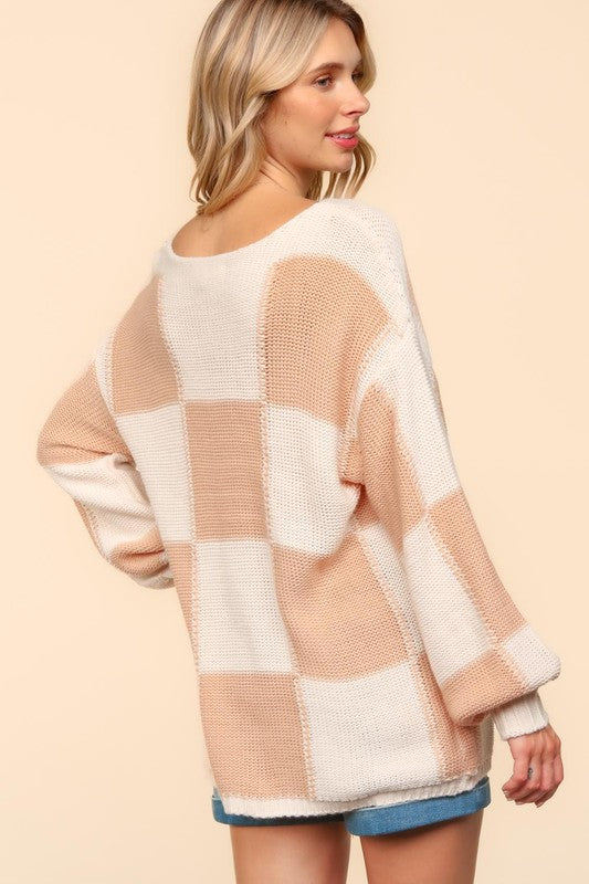 Haptics Checkered Drop Shoulder Sweater In Apricot