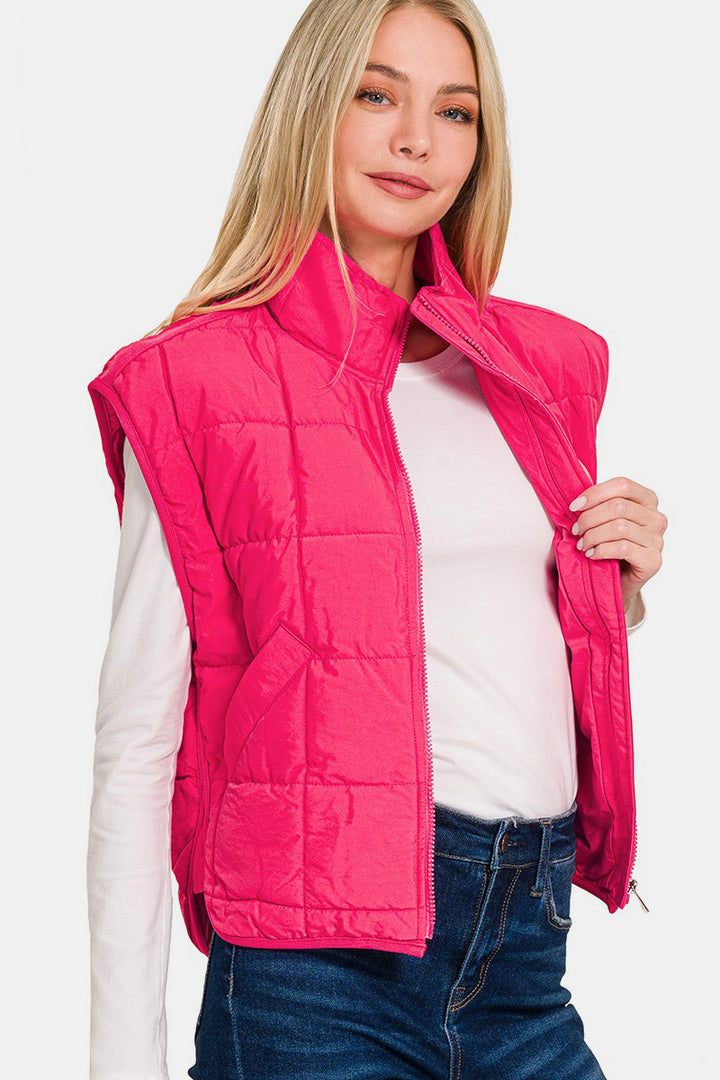 Zenana Zip Up Cropped Puffer Vest with Pockets In Hot Pink