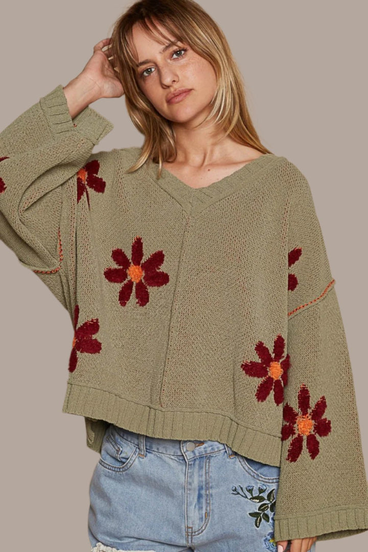 POL V-Neck Floral Pattern Chenille Sweater In Olive