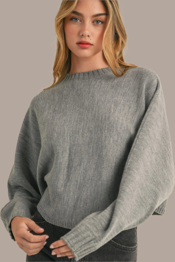 Mable Round Neck Dolman Sleeve Cropped Sweater In H Grey