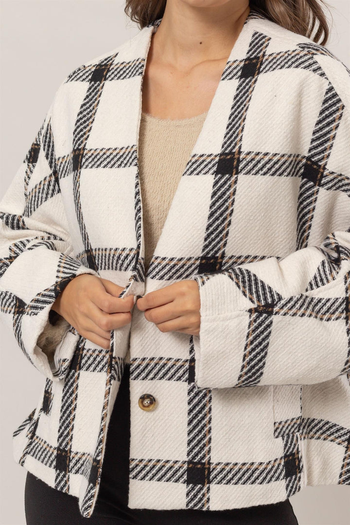 HYFVE Plaid Long Sleeve Jacket with Side Slit Pockets In Cream