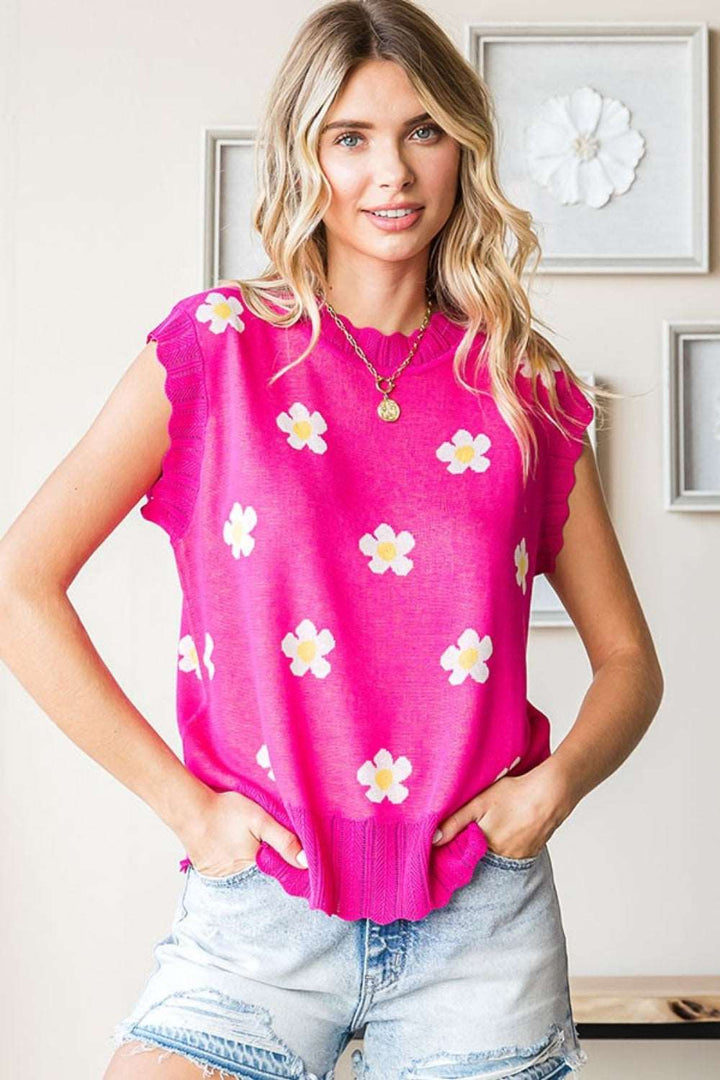 Annabelle Charming Flower Pattern Sweater Vest In Fuchsia