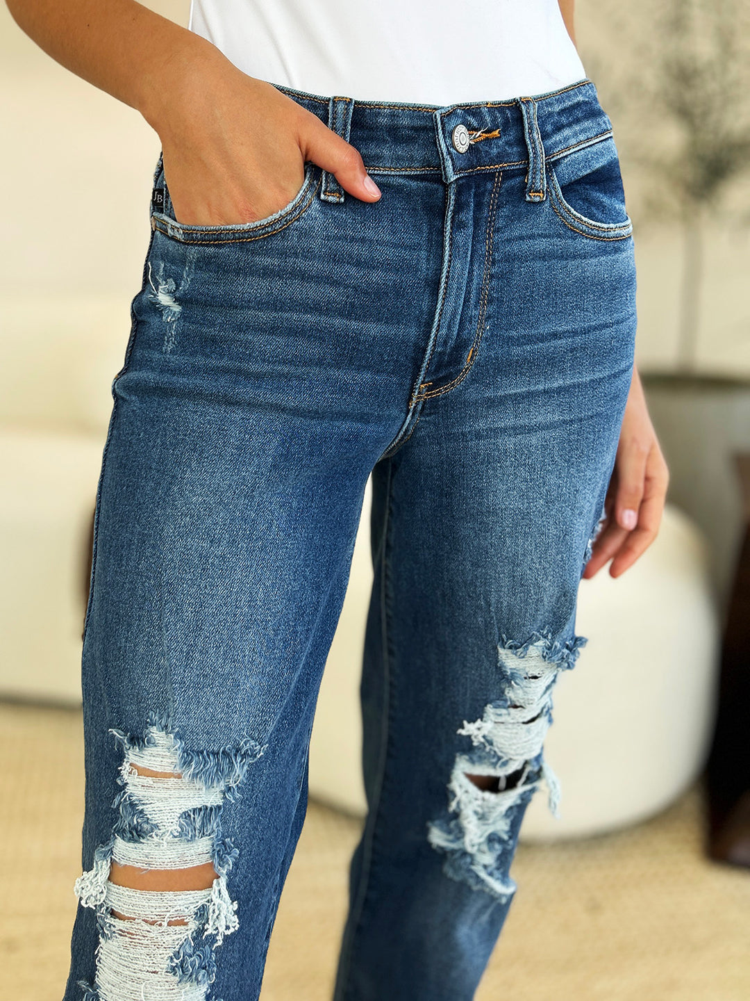 Judy Blue Memories Mid Rise Distressed Raw Hem Jeans