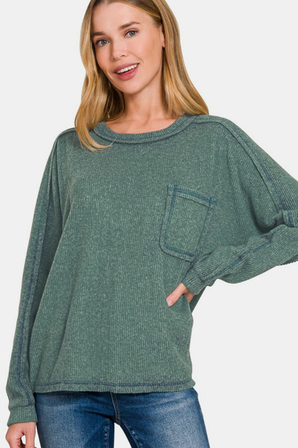 Zenana Brushed Ribbed Hacci Knit Top In Ash Jade