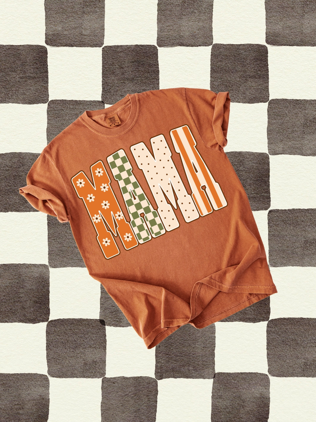 Retro MAMA Fall Floral Checkered Comfort Colors Graphic Tee