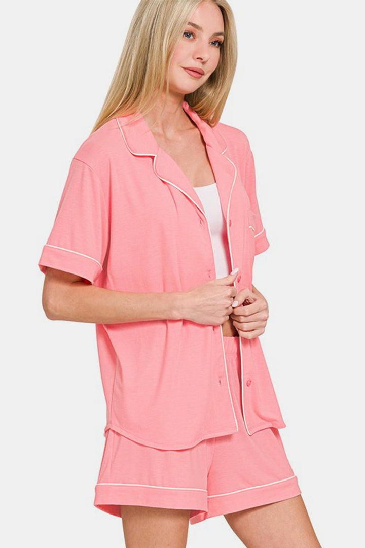 Zenana Button Down Top and Shorts Lounge Set In Dk Pink