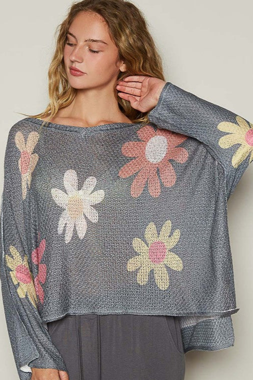 POL Flower Dropped Shoulder Knit Top In Charcoal