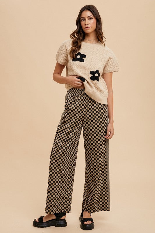 Annie Wear Drawstring Checkered Wide Leg Pants In Camel