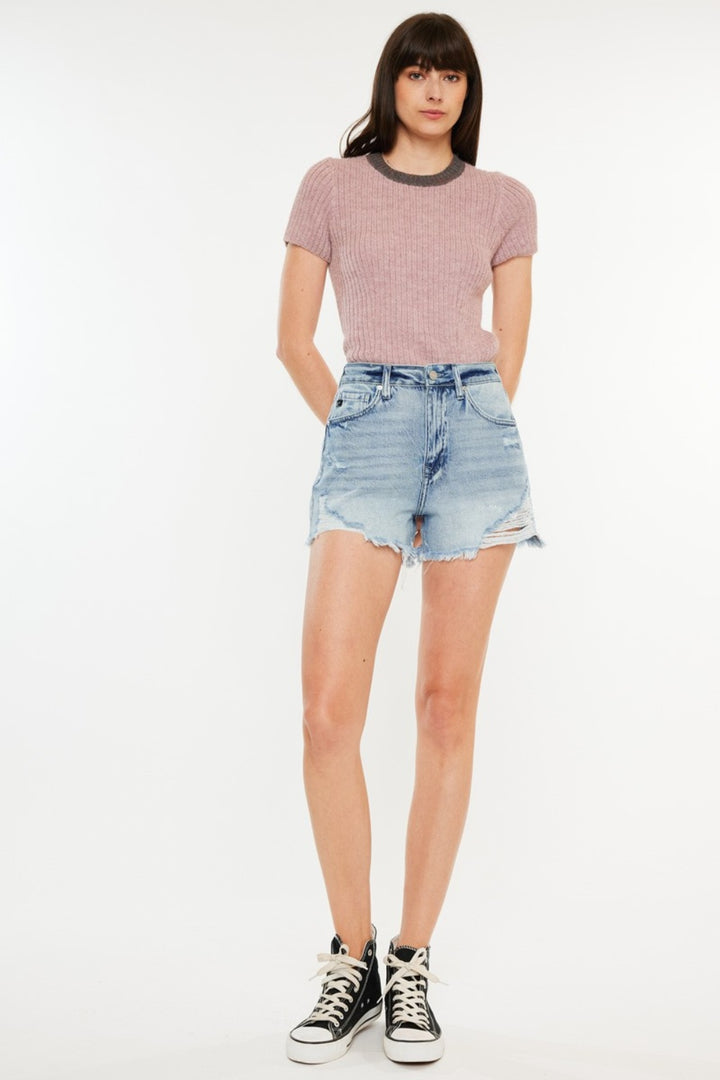 Kancan Audrey Distressed High Waist Denim Shorts with Pockets