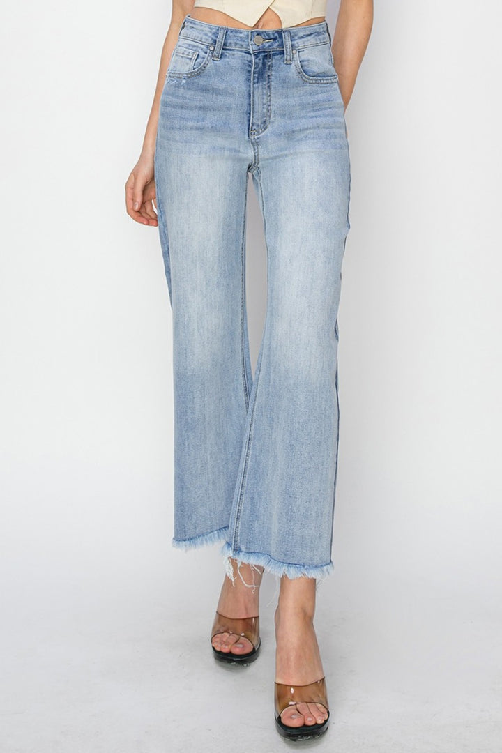 RISEN High Rise Crop Wide Fray Hem Jeans In Light Wash