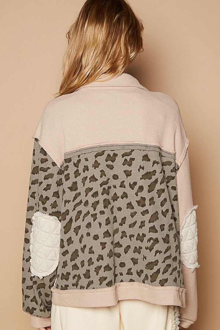 POL Leopard Exposed Seam Button Up Quilted Jacket In Beige