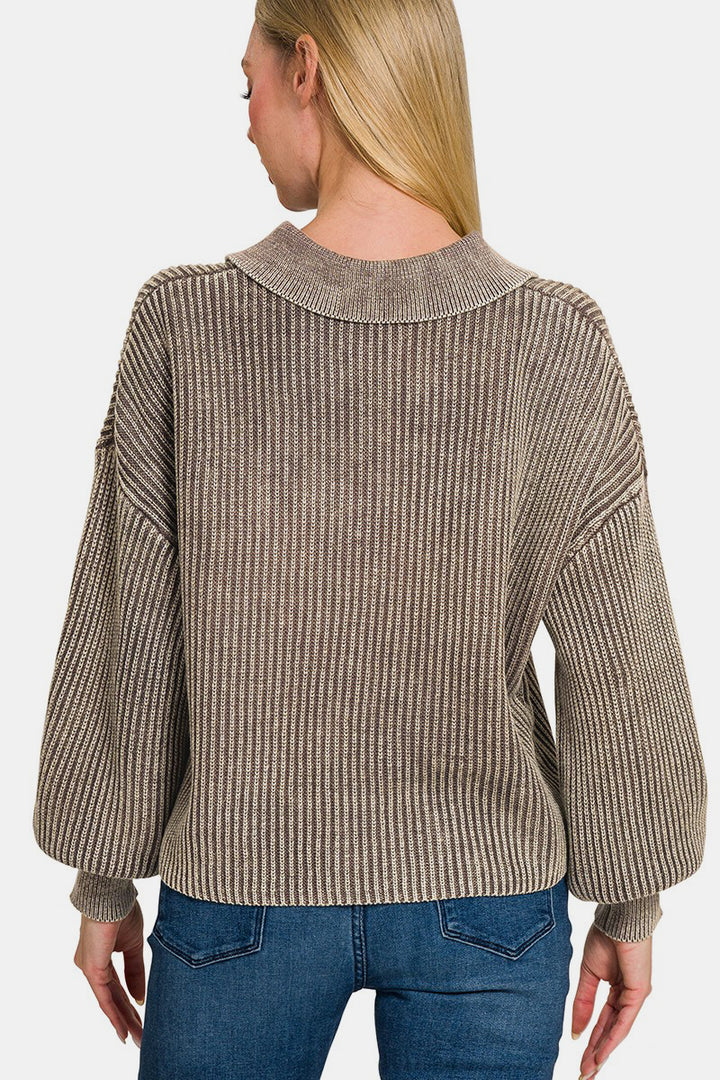 Zenana Washed Half Button Sweater In Mocha