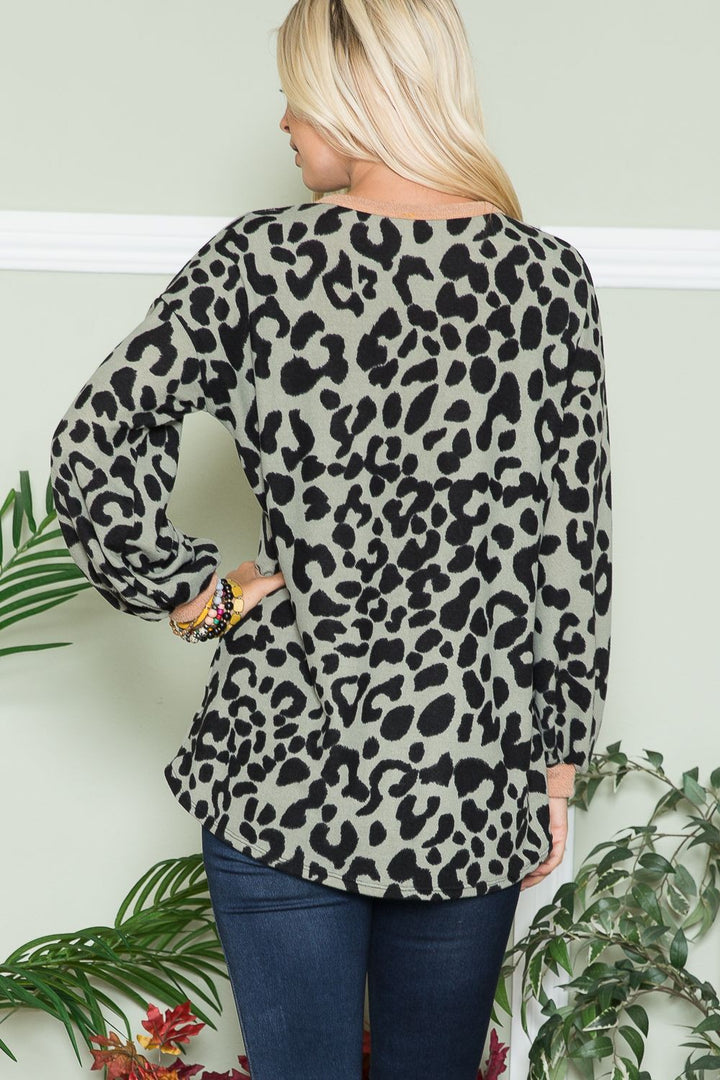 Leopard V-Neck Blouse In Olive